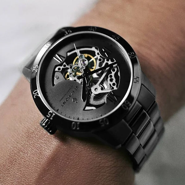 Seizmont Dante II Czarny zegarek z widocznym mechanizmem