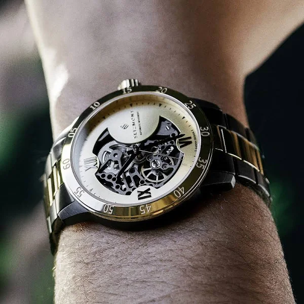 Seizmont Dante II Czarno-złocisty zegarek z widocznym mechanizmem