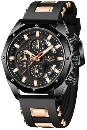 Zegarki męskie LIGE z silikonowym paskiem wodoodporne z chronografem kwarcowym z fluorescencyjnym kalendarzem sportowym na nadgarstek