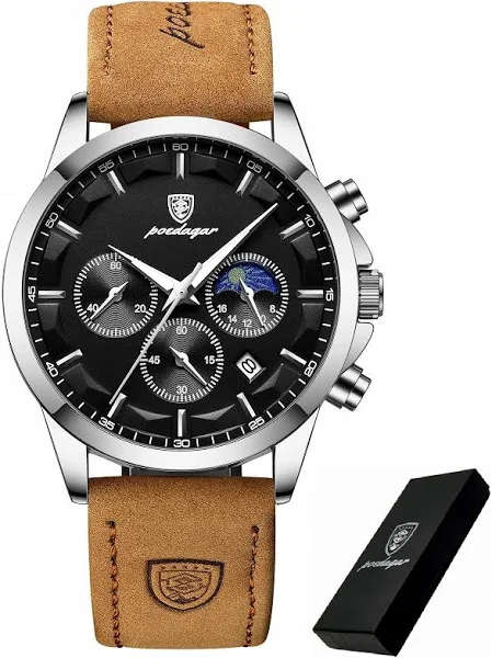 Srebrny Zegarek Męski Na Skórzanym Pasku Poedagar Pudełko Chronograf Data