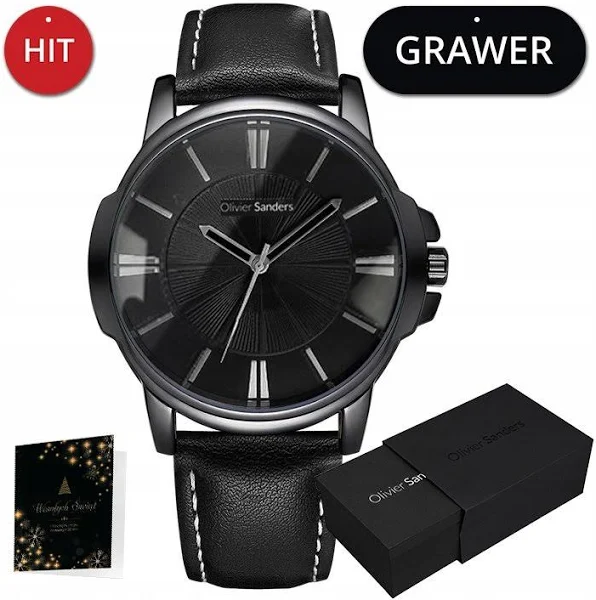 Skórzany Zegarek Męski Czarny Skóra Na Pasku