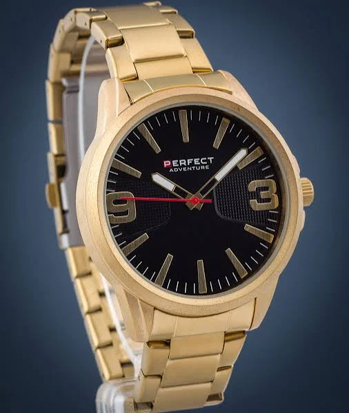 Złoty zegarek męski bransoleta duży solidny Perfect M114