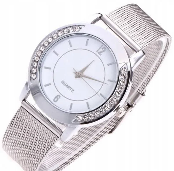 Zegarek Srebrny Damski z Cyrkoniami na Pasku Pasek