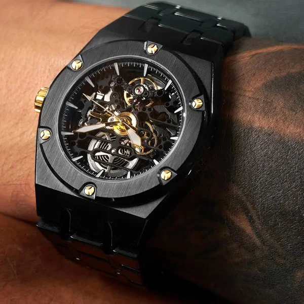 Arkai Czarny automatyczny zegarek z widocznym mechanizmem Aaran Mamut