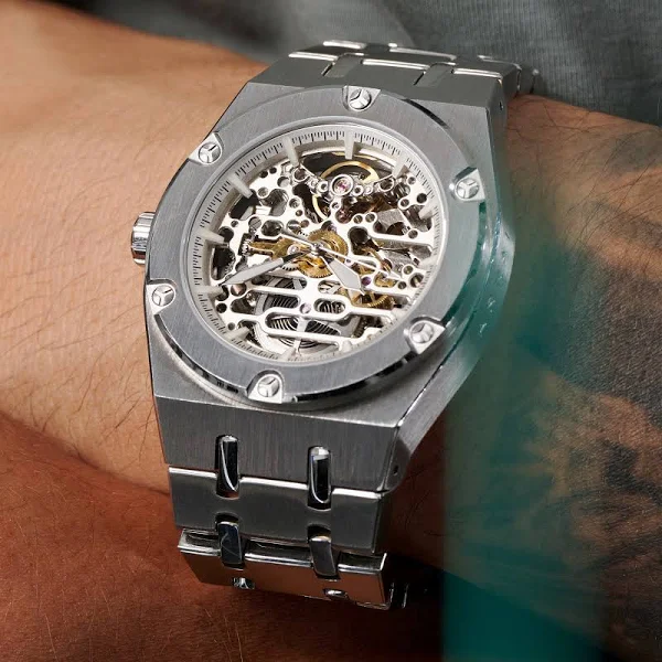 Arkai Srebrzysty automatyczny zegarek z widocznym mechanizmem Aaric Mamut