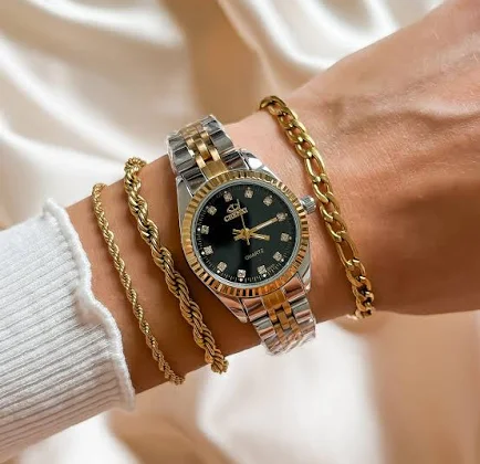 Zegarek damski złoto srebrny bransoleta z czarną tarczą ze stali chirurgicznej