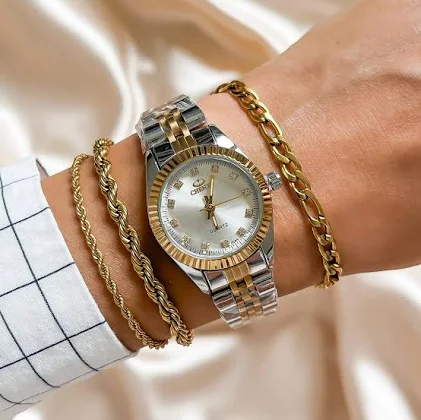 Zegarek damski złoto srebrny bransoleta z jasną tarczą ze stali chirurgicznej