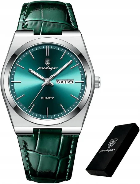 Zielony Zegarek Męski Na Skórzanym Pasku Poedagar Pudełko
