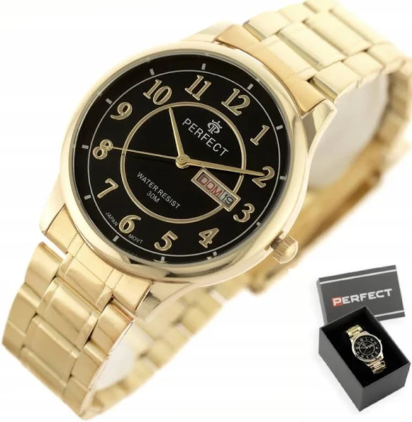 Zegarek Męski Perfect Tony +box +grawer złoty datownik cyfry czytelny
