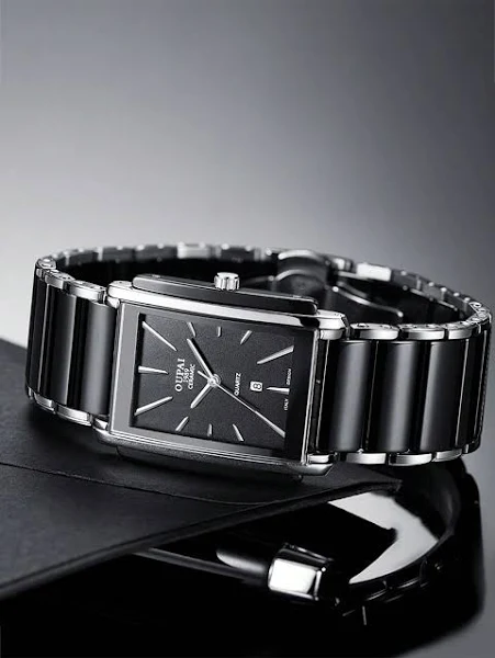 Męski Prostokątny Czarny Ceramiczny Stal Nierdzewna Pasek Kalendarz Wyświetlacz Wodoodporny Codzienny Zegarki