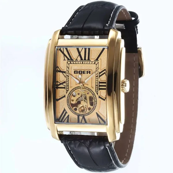 GOER Top marka luksusowe zegarki szkieletowe mężczyźni skórzany pasek prostokąt automatyczne