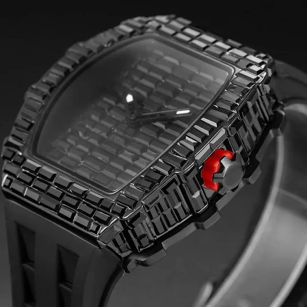 Nowy prostokątny czarny zegarek z cyrkonią dla mężczyzn luksusowy zegarek Tonneau Mille moda