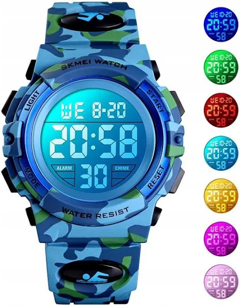 SKMEI 1548 sportowy zegarek dla dzieci 5bar wodoodporny kolorowe światła 12/24 godziny kamuflażu