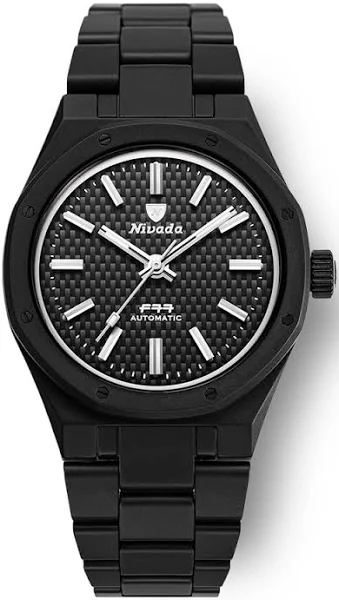 Czarny zegarek męski Nivada Grenchen ze stalowym paskiem F77 BLACK CERAMIC BRAIDED DIAL 68004A77 37MM Automatic