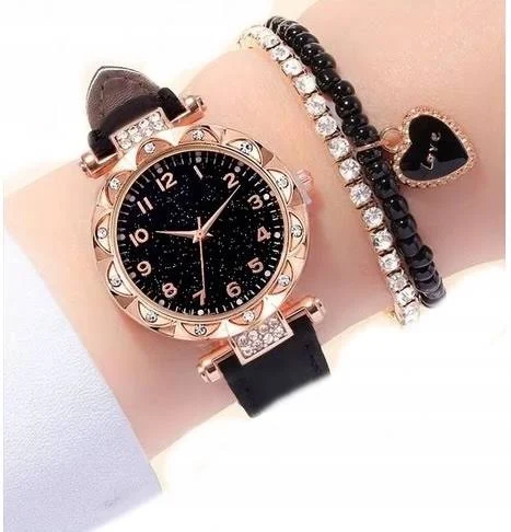 Zegarek Damski Czarny Pasek Z Bransoletką 850