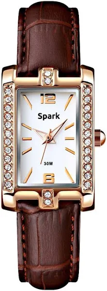 Zegarek Spark z białymi kryształami skórzanym paskiem