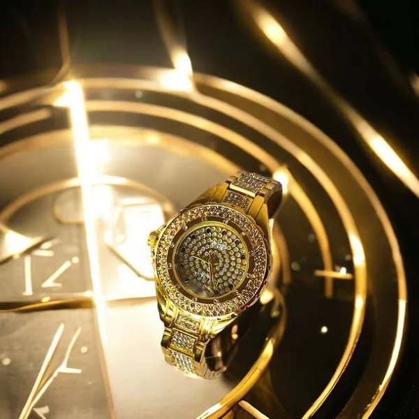 Złoty Zegarek Damski Kurren Cyrkonie Kwarcowy Modny