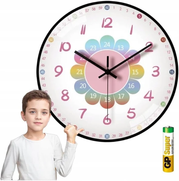 Zegar Ścienny do Nauki Godzin Czasu Dla Dzieci Cichy 25cm + Bateria