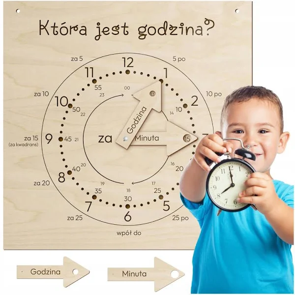 Drewniany Zegar Do Nauki Godzin Duży Dla dziecka Edukacyjny nauczycielski