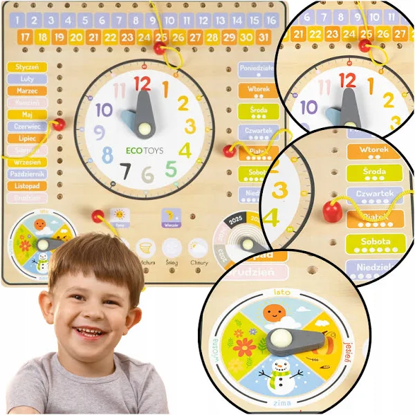 Drewniany Zegar Do Nauki Godzin Edukacyjny Tablica Manipulacyjna Kalendarz
