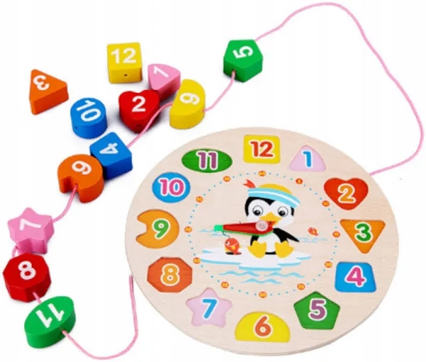 Zegar Do Nauki Godzin Edukacyjny Dla Dzieci Cyfry Do Nawlekania Drewniany