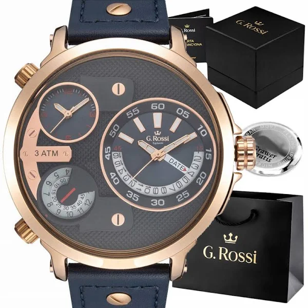 Duży zegarek męski G. Rossi skórzany 3 czasy datownik Z Grawerem