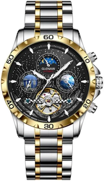 GLENAW mechaniczne zegarki męskie w tygodniu kalendarzowym faza księżyca fazy automatyczny męski