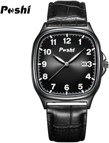 POSHI mężczyźni oglądać modne skórzane paski kwarcowe zegarki wodoodporne świecący kalendarz