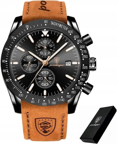 Czarny Zegarek Męski Na Skórzanym Pasku Poedagar Chronograf+pudełko Data