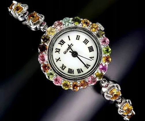 925 Zegarek srebrny bransoletka naturalne granaty cytryny turmaliny