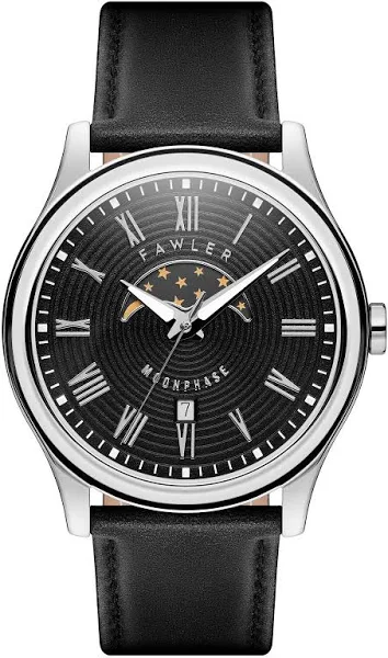 Fawler Imperator Srebrzysty zegarek ze stali nierdzewnej z fazą księżyca i czarnym paskiem
