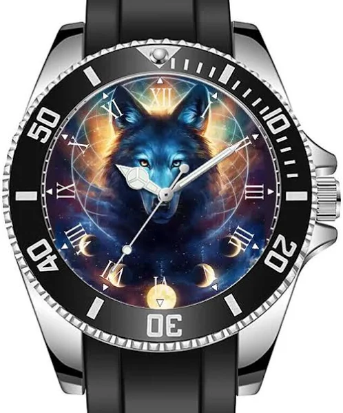 Gotycki Niebieski Wilk Fazy Księżyca Sportowy Unikalny Stylowy Zegarek