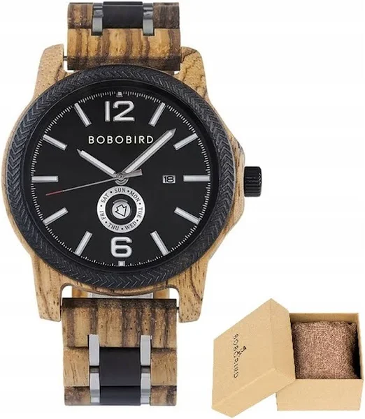 Drewniany Zegarek Męski Bobo Bird Na Bransolecie T135-1 Datownik