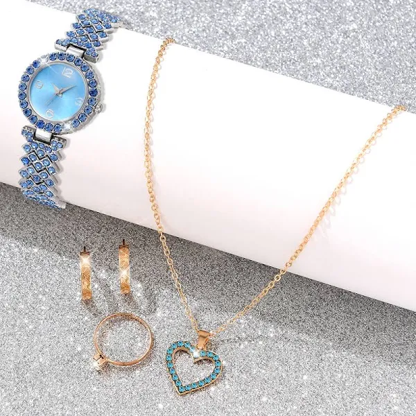 Niebieski zegarek damski 5 szt./zestaw zegarka z tarczą modne niebieskie pasek ze stopu zegarek