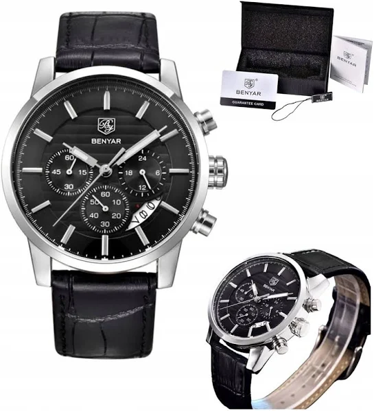 Zegarek Męski Elegancki Klasyczny Czarny Skórzany Pasek Benyar Datownik / Biuro Ochrony Smartfona