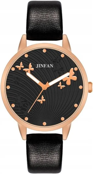 Zegarek DAMSKI Ekoskóra WYGODNY Czytelny Kwarcowy ELEGANCKI Motylki CZARNY