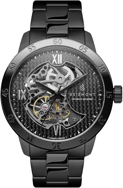 Seizmont Dante II Czarny zegarek z widocznym mechanizmem