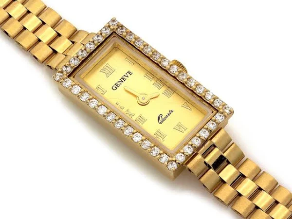 Zegarek złoty damski prostokątny z cyrkoniami pr585