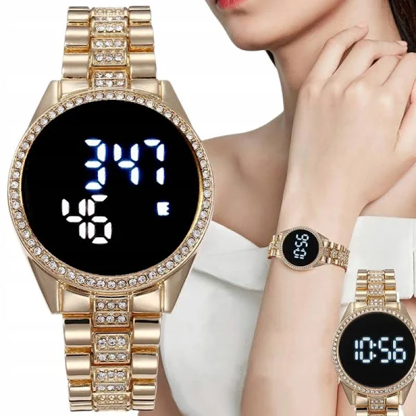 Modny Stylowy Zegarek Cyfrowy Damski Led Cyrkonie Kwarcowy Bransoleta