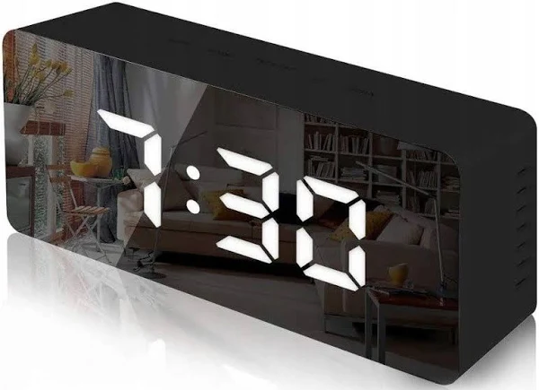 Lustrzany Zegar Cyfrowy Elektroniczny Led / Budzik / Termometr Czarny